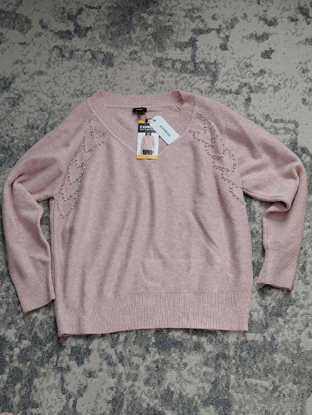 Express Pink Embellished V-Neck Sweater